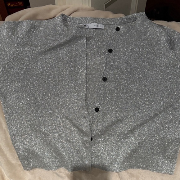 Zara Women's Shimmering Silver Cardigan in M with black buttons - Picture 5 of 6